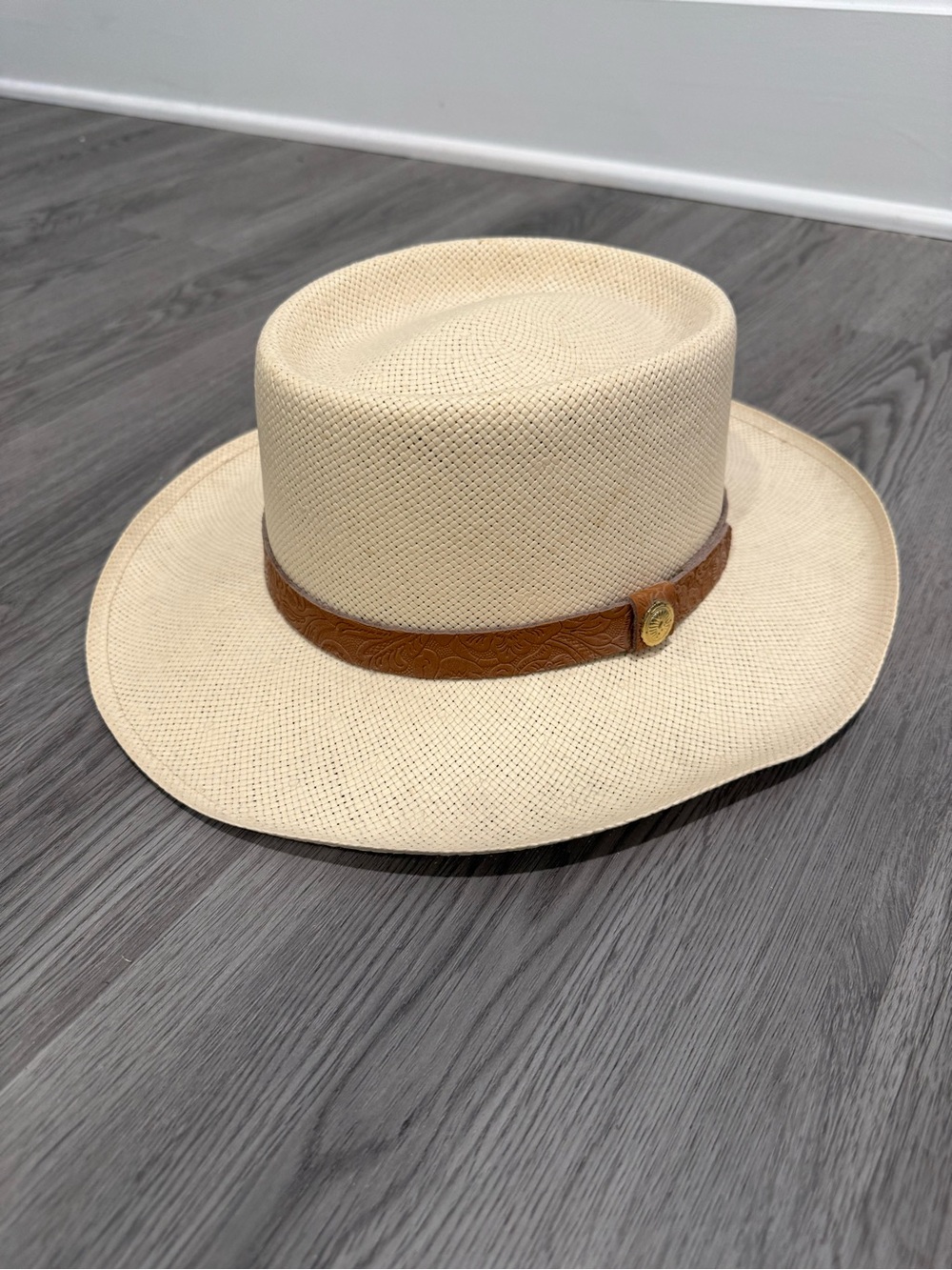Men's Cream Straw Boater Hat with Brown Leather Band